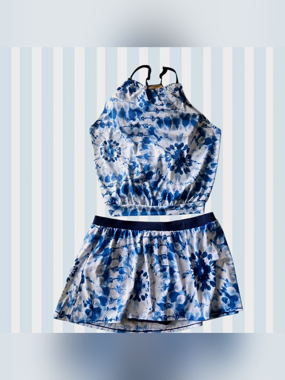 2 Piece Plus Size Tankini Racer Back Blouson Top W/ Skirted Bottom. Blue Tie Dye